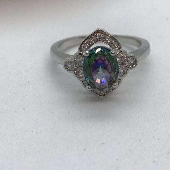 Sterling Silver Mystic Rainbow Ring Size 9 Stamped 925 Oval Center Clear Stones - Picture 10 of 14